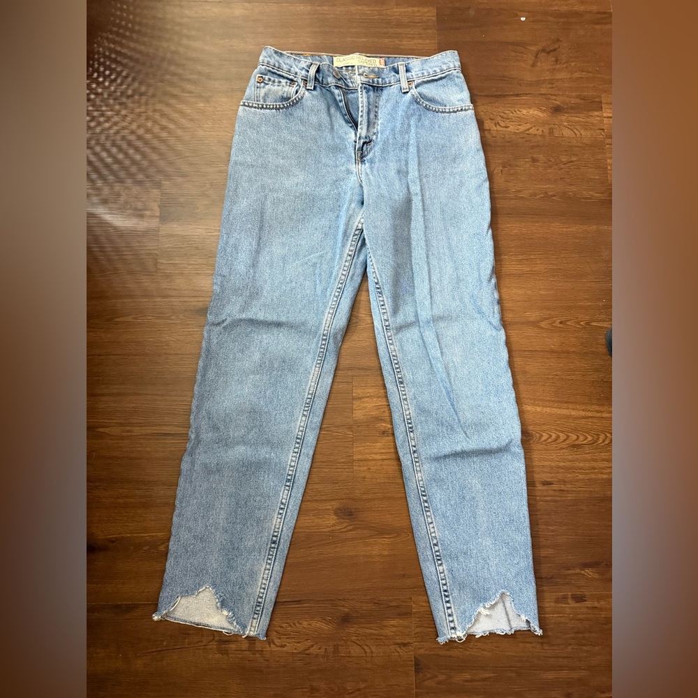 Levi's Blue Straight Leg Jeans with Distressed Hem